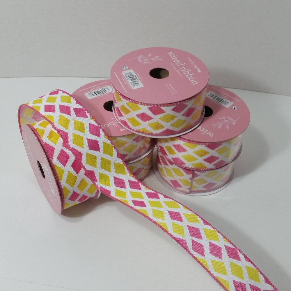 Wired Ribbon Diamond Yellow Pink 1.5" 25' 6 Rolls